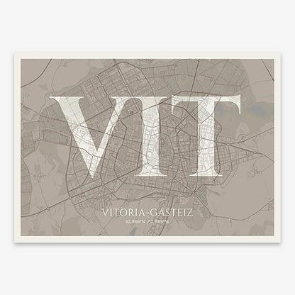 Decorative map of Vitoria-Gasteiz composed with letters in serif font printed on light brown and an off-white background