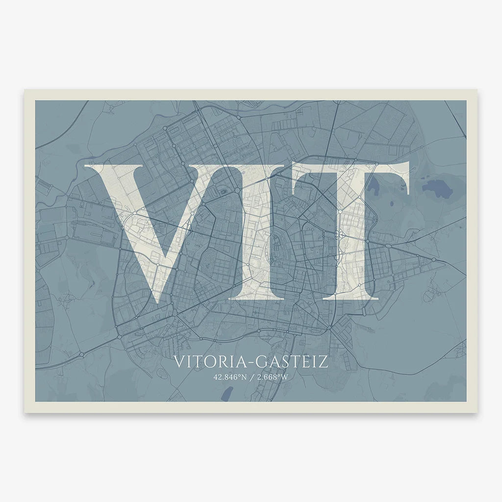 Decorative map of Vitoria-Gasteiz composed with letters in serif font printed on bluish gray and an off-white background
