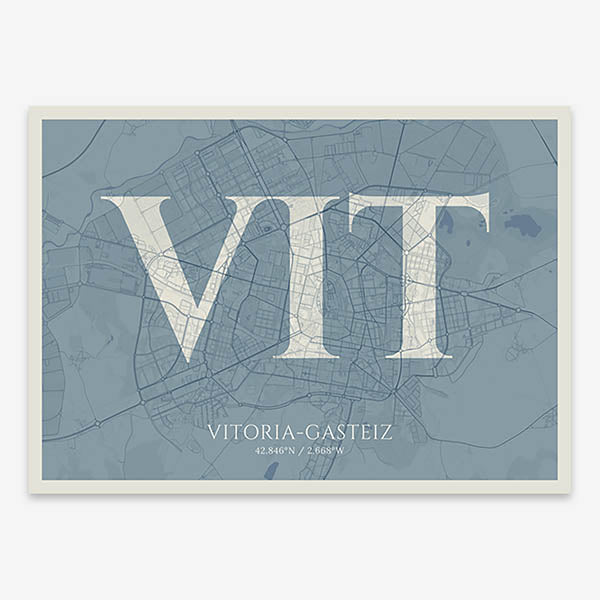 Decorative map of Vitoria-Gasteiz composed with letters in serif font printed on bluish gray and an off-white background
