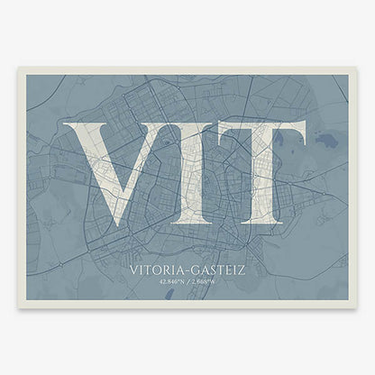Decorative map of Vitoria-Gasteiz composed with letters in serif font printed on bluish gray and an off-white background