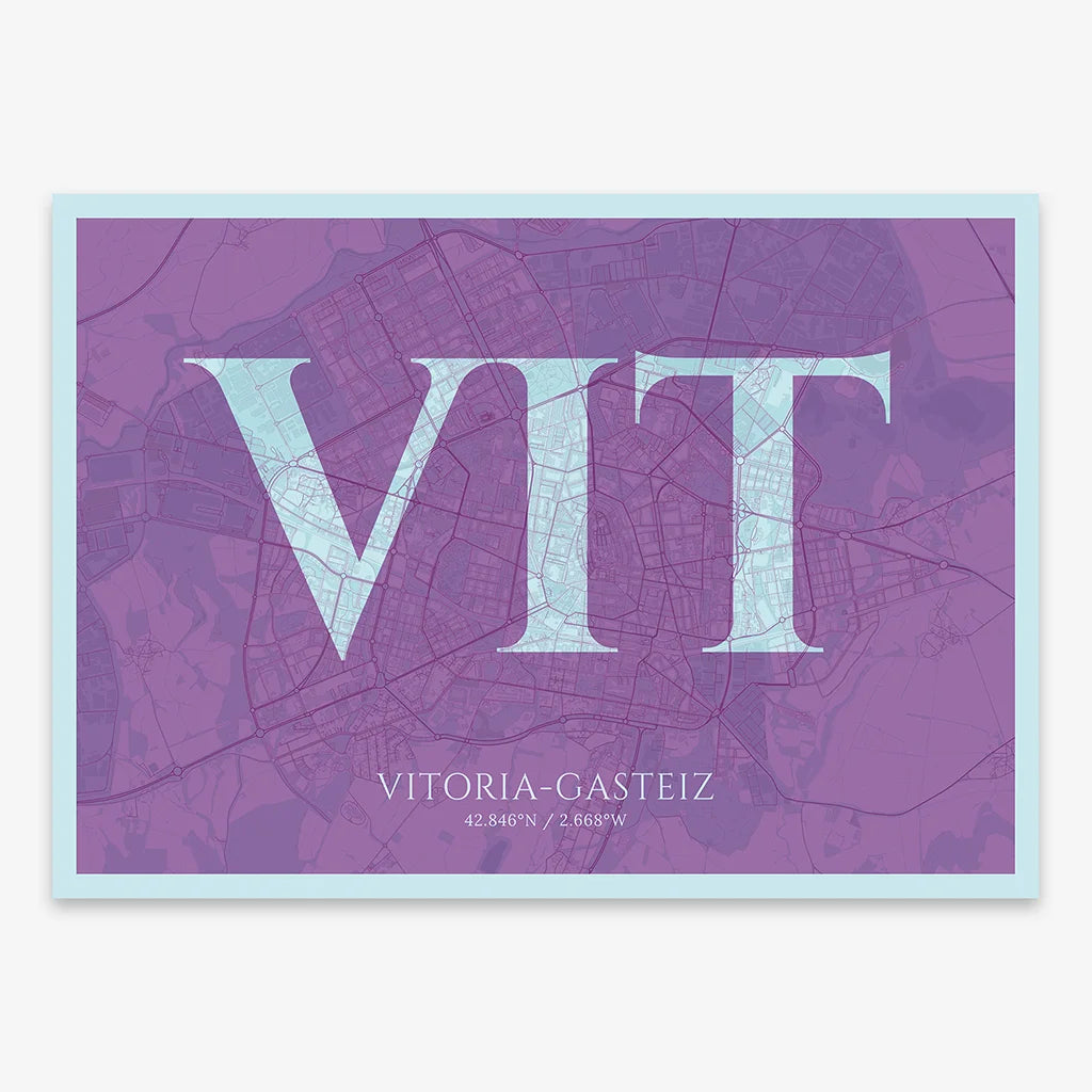 Decorative map of Vitoria-Gasteiz composed with letters in serif font printed on purple and light blue