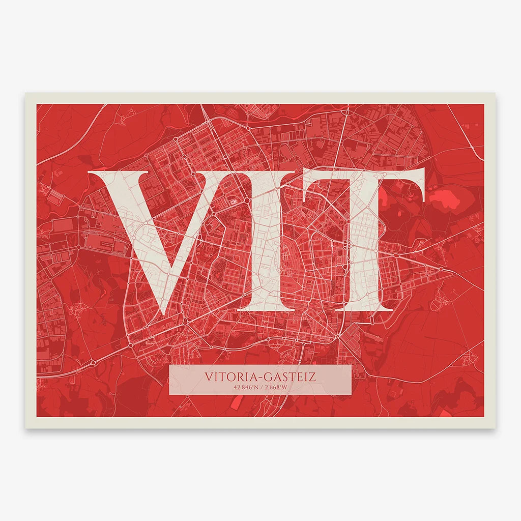Decorative map of Vitoria-Gasteiz composed with letters in serif font printed on red and an off-white background