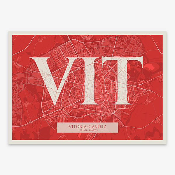 Decorative map of Vitoria-Gasteiz composed with letters in serif font printed on red and an off-white background