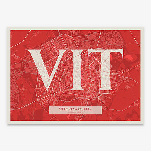 Decorative map of Vitoria-Gasteiz composed with letters in serif font printed on red and an off-white background