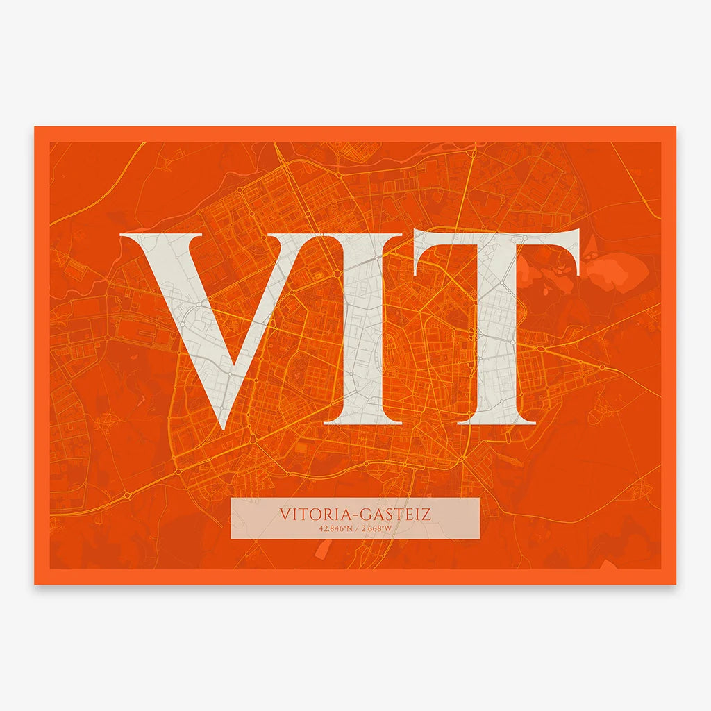 Decorative map of Vitoria-Gasteiz composed with letters in serif font printed on orange and an off-white background