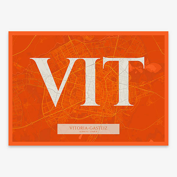 Decorative map of Vitoria-Gasteiz composed with letters in serif font printed on orange and an off-white background