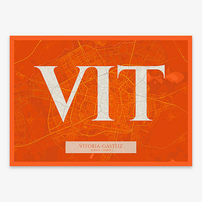 Decorative map of Vitoria-Gasteiz composed with letters in serif font printed on orange and an off-white background