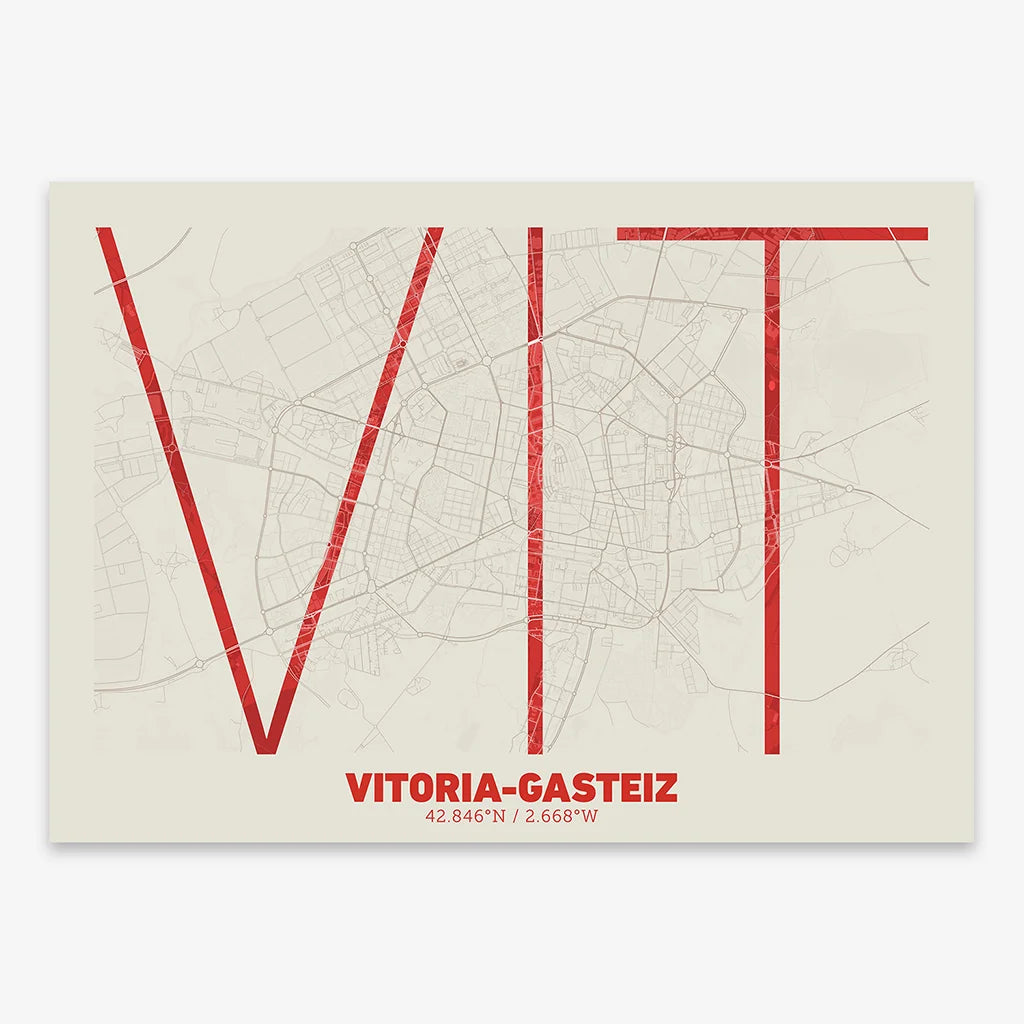 Poster of Vitoria-Gasteiz composed with letters in extra light font printed on red and an off-white background