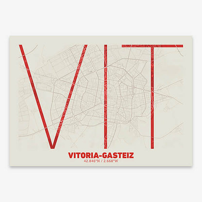 Poster of Vitoria-Gasteiz composed with letters in extra light font printed on red and an off-white background