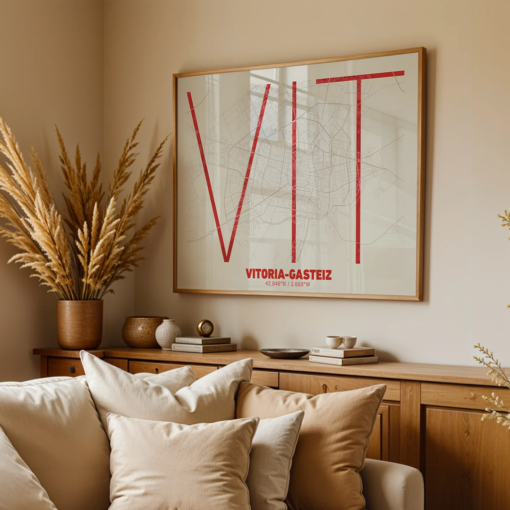Modern interior design with a Vitoria-Gasteiz in Ultralight design, a minimalist aesthetic combining urban cartography with modern, extra-thin elegant lettering designed in red and an off-white background, displayed on a living room wall