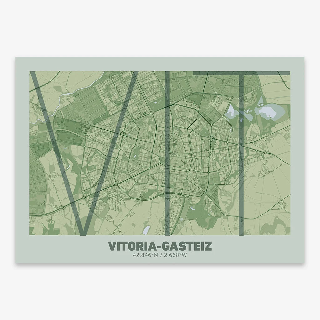 Poster of Vitoria-Gasteiz composed with letters in extra light font printed on two green tones