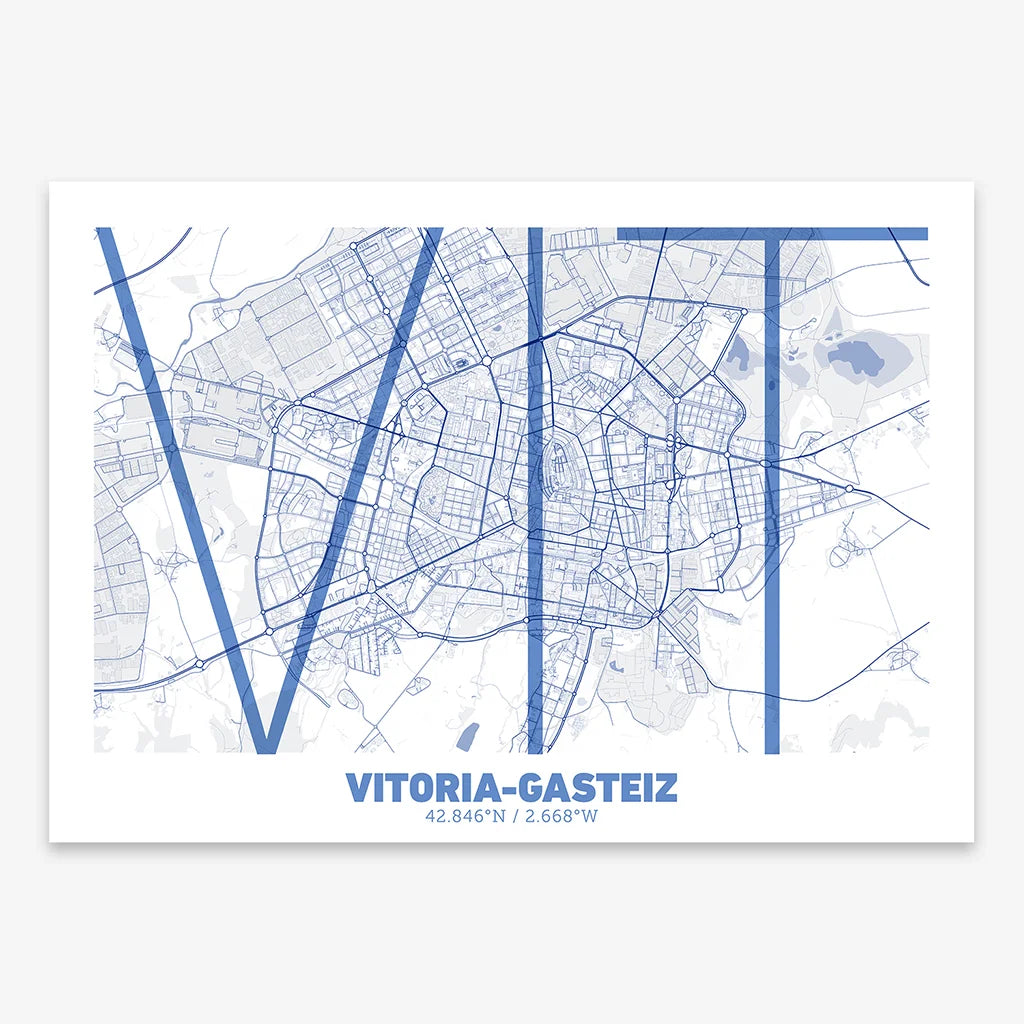 Poster of Vitoria-Gasteiz composed with letters in extra light font printed on navy blue and white