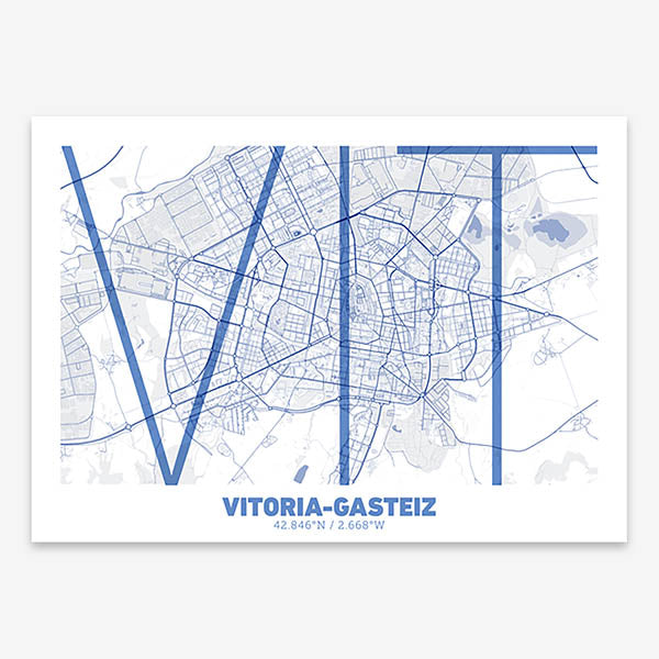Poster of Vitoria-Gasteiz composed with letters in extra light font printed on navy blue and white