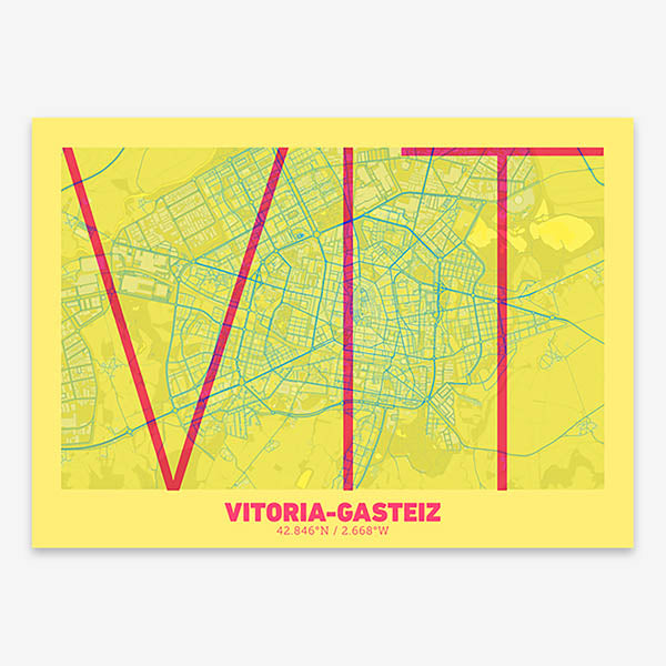 Poster of Vitoria-Gasteiz composed with letters in extra light font printed on yellow and fuchsia