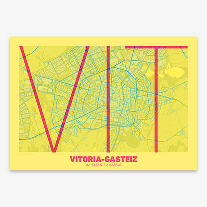 Poster of Vitoria-Gasteiz composed with letters in extra light font printed on yellow and fuchsia
