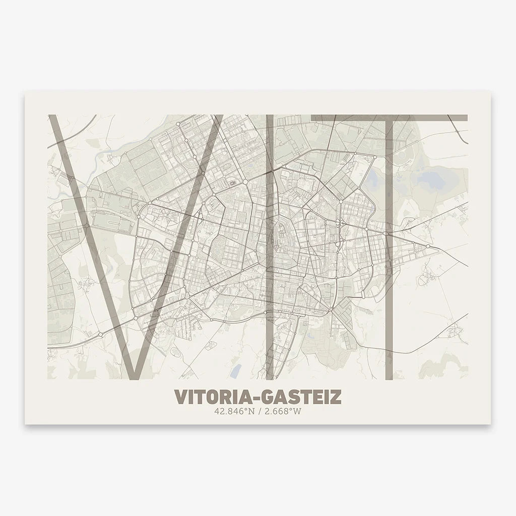 Poster of Vitoria-Gasteiz composed with letters in extra light font printed on light brown and an off-white background