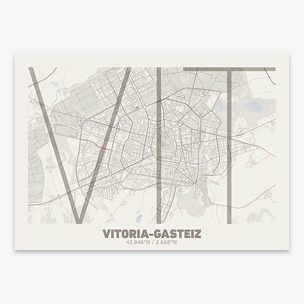 Poster of Vitoria-Gasteiz composed with letters in extra light font printed on light brown and an off-white background