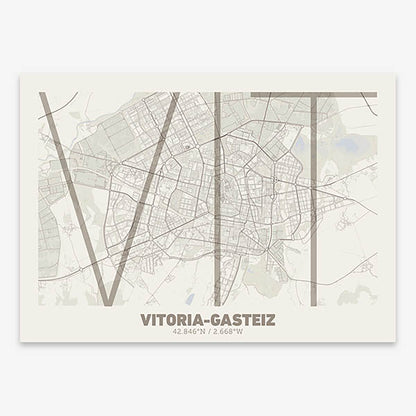 Poster of Vitoria-Gasteiz composed with letters in extra light font printed on light brown and an off-white background