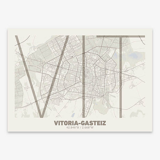 Poster of Vitoria-Gasteiz composed with letters in extra light font printed on light brown and an off-white background