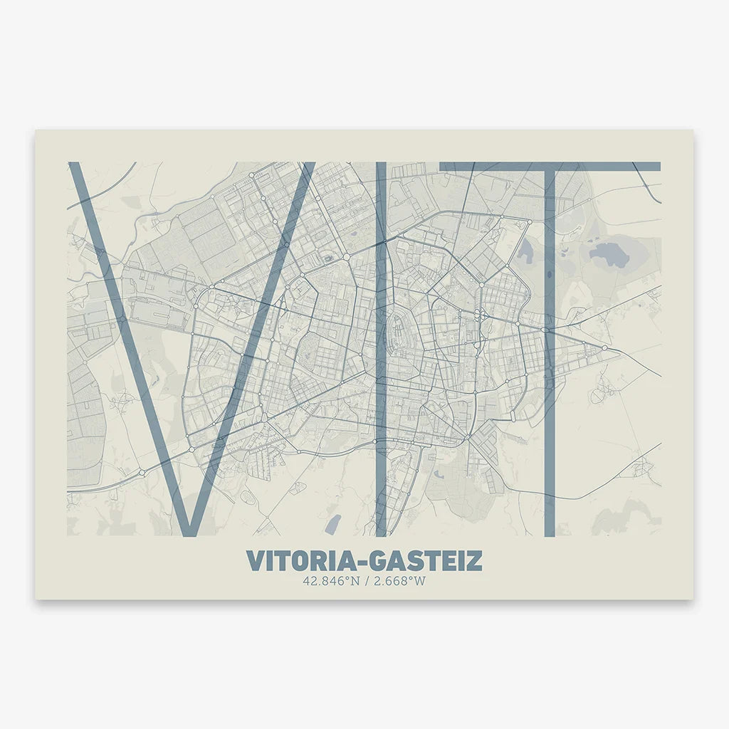 Poster of Vitoria-Gasteiz composed with letters in extra light font printed on bluish gray and an off-white background
