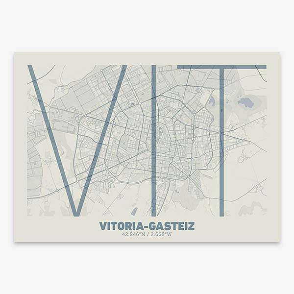 Poster of Vitoria-Gasteiz composed with letters in extra light font printed on bluish gray and an off-white background