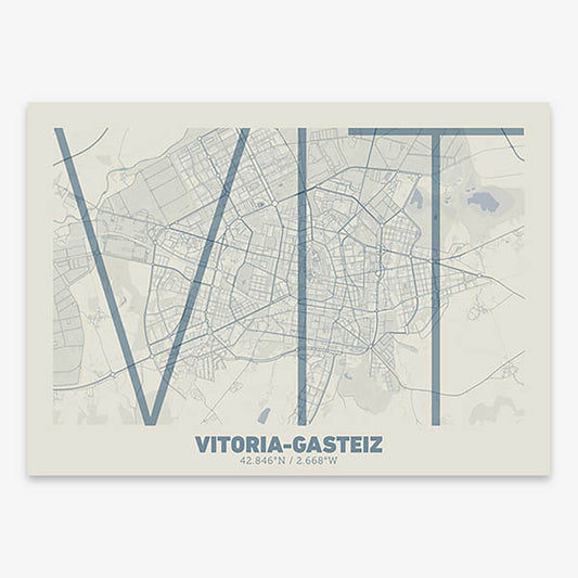 Poster of Vitoria-Gasteiz composed with letters in extra light font printed on bluish gray and an off-white background