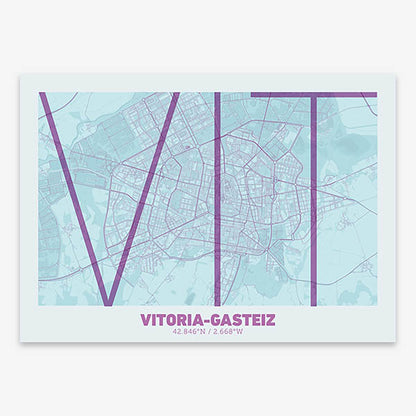 Poster of Vitoria-Gasteiz composed with letters in extra light font printed on purple and light blue