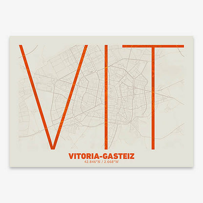 Poster of Vitoria-Gasteiz composed with letters in extra light font printed on orange and an off-white background