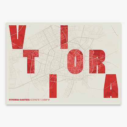 Decorative print of Vitoria-Gasteiz with letters of its name placed randomly, designed in red and an off-white background