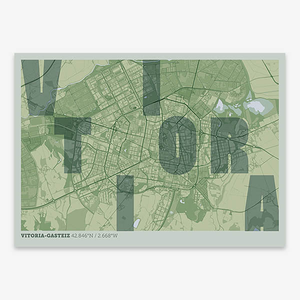 Decorative print of Vitoria-Gasteiz with letters of its name placed randomly, designed in two green tones
