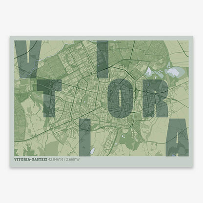 Decorative print of Vitoria-Gasteiz with letters of its name placed randomly, designed in two green tones