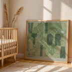 Modern interior design with a Vitoria-Gasteiz in Unruled design, where the city name letters appear randomly across different lines for a truly original urban layout designed in two green tones, displayed on a living room wall