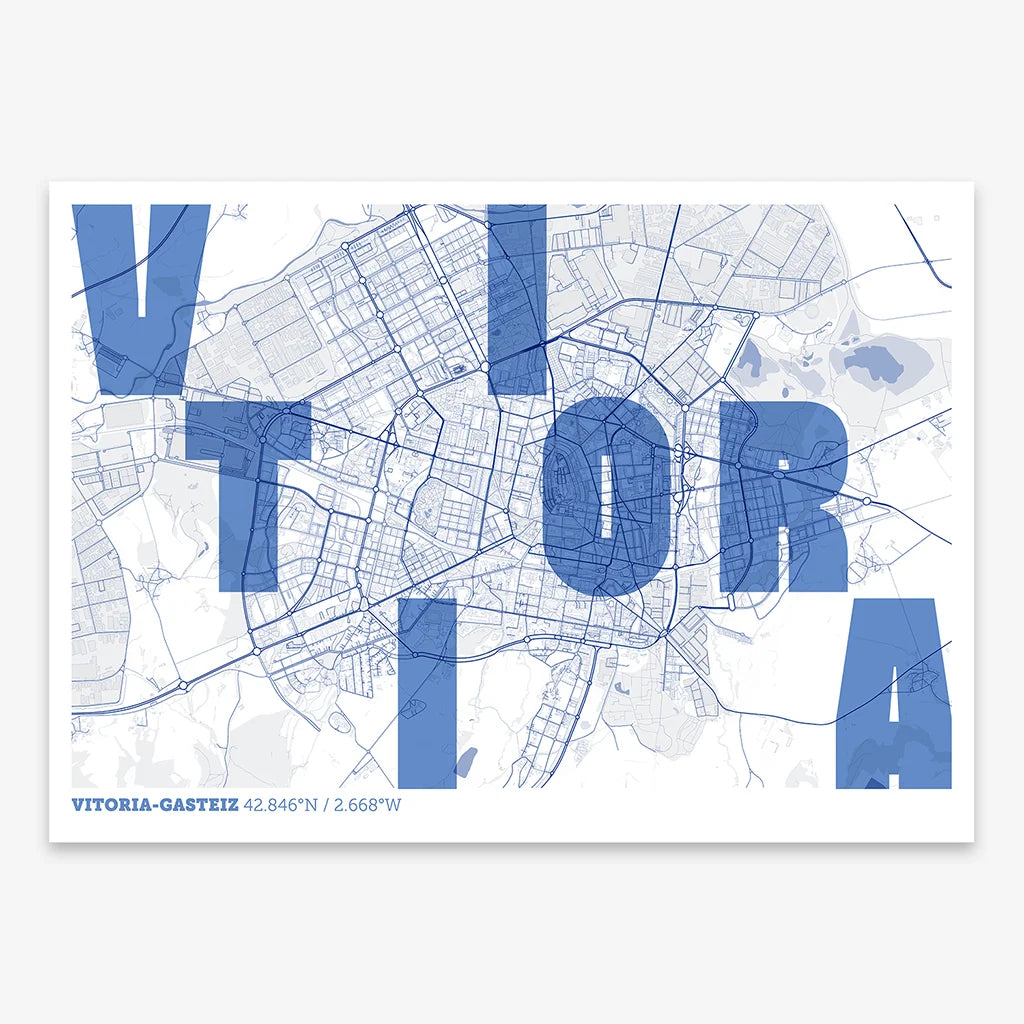 Decorative print of Vitoria-Gasteiz with letters of its name placed randomly, designed in navy blue and white