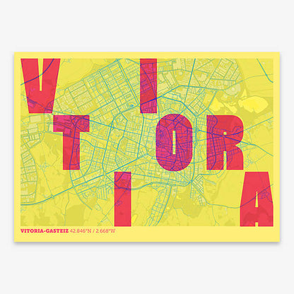 Decorative print of Vitoria-Gasteiz with letters of its name placed randomly, designed in yellow and fuchsia