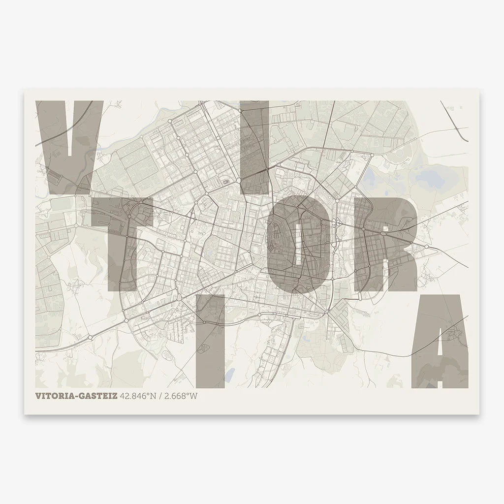 Decorative print of Vitoria-Gasteiz with letters of its name placed randomly, designed in light brown and an off-white background