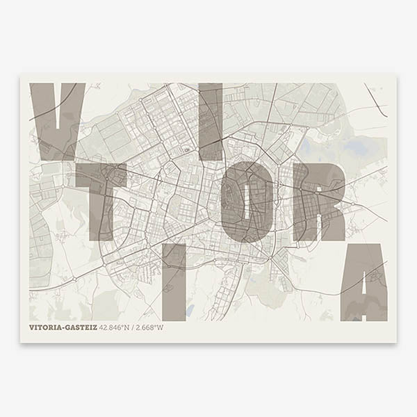 Decorative print of Vitoria-Gasteiz with letters of its name placed randomly, designed in light brown and an off-white background