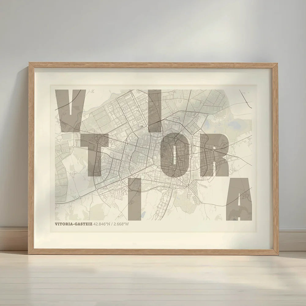 Framed Vitoria-Gasteiz in Unruled design, where the city name letters appear randomly across different lines for a truly original urban layout designed in light brown and an off-white background with a white margin border in a warm lit minimalist setting