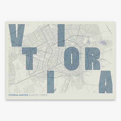 Decorative print of Vitoria-Gasteiz with letters of its name placed randomly, designed in bluish gray and an off-white background