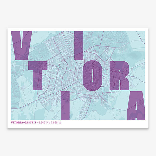 Decorative print of Vitoria-Gasteiz with letters of its name placed randomly, designed in purple and light blue