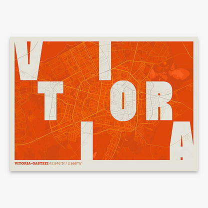 Decorative print of Vitoria-Gasteiz with letters of its name placed randomly, designed in orange and an off-white background