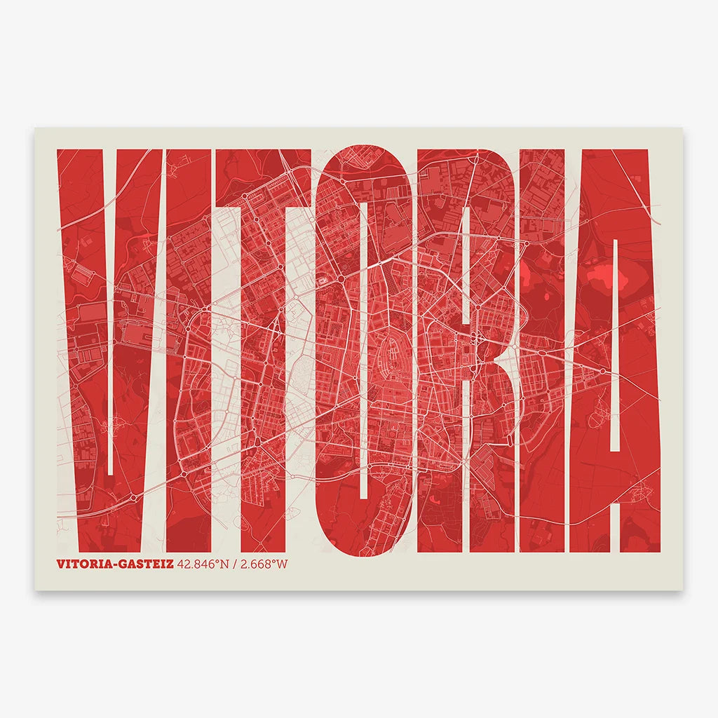 Decorative map of Vitoria-Gasteiz and letters of its name in a giclée print designed in red and an off-white background