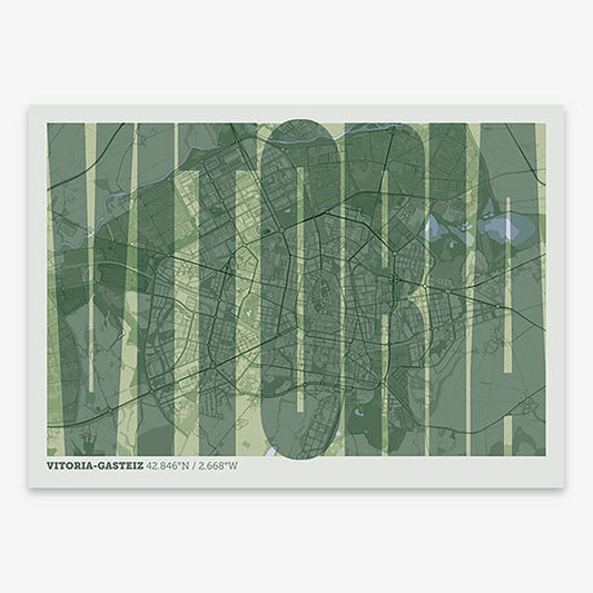 Decorative map of Vitoria-Gasteiz and letters of its name in a giclée print designed in two green tones