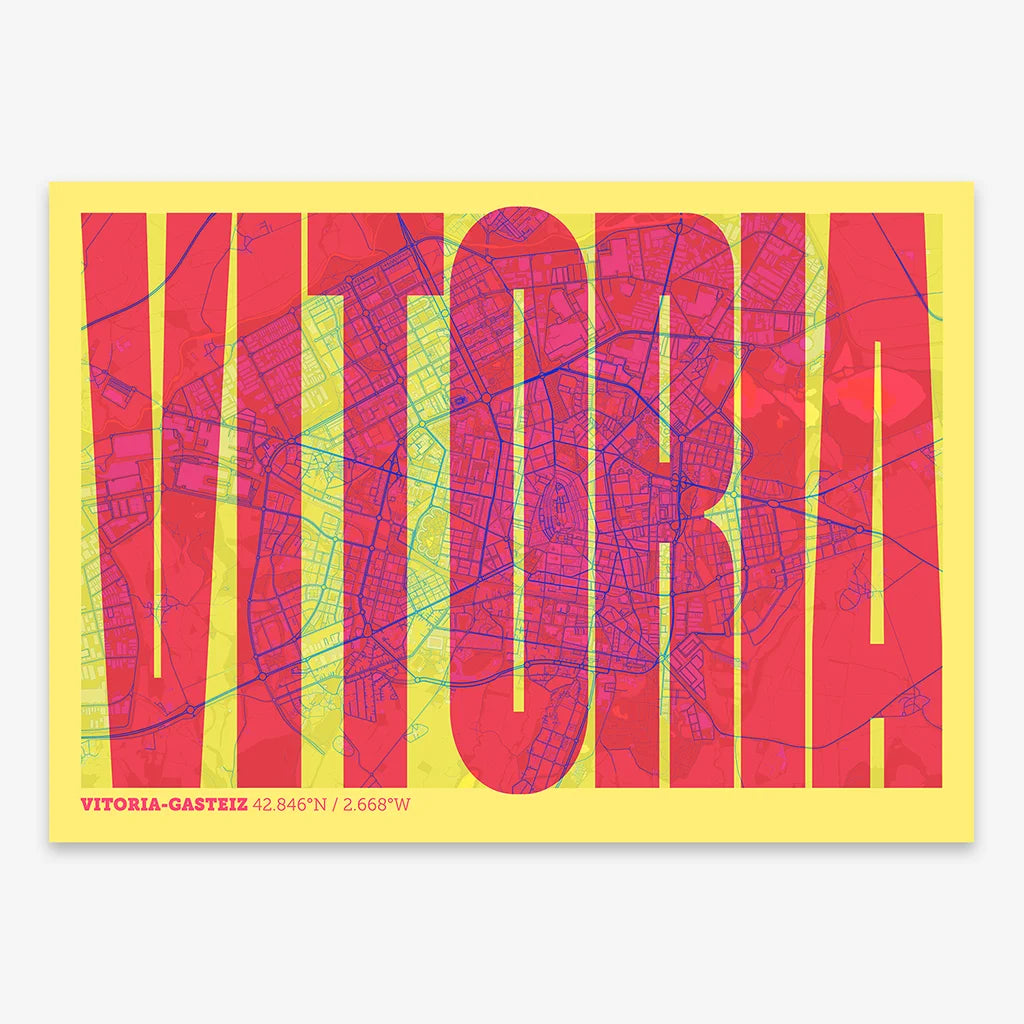 Decorative map of Vitoria-Gasteiz and letters of its name in a giclée print designed in yellow and fuchsia