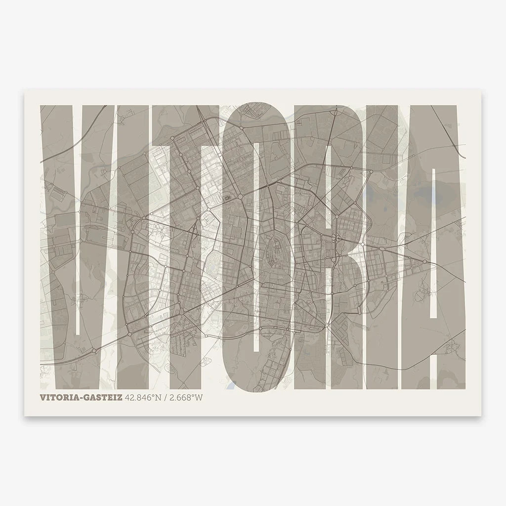 Decorative map of Vitoria-Gasteiz and letters of its name in a giclée print designed in light brown and an off-white background