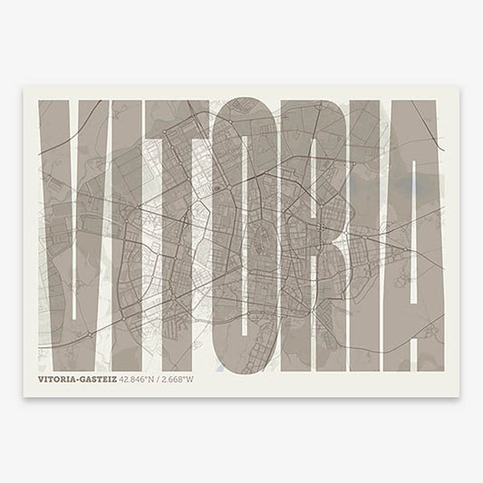 Decorative map of Vitoria-Gasteiz and letters of its name in a giclée print designed in light brown and an off-white background
