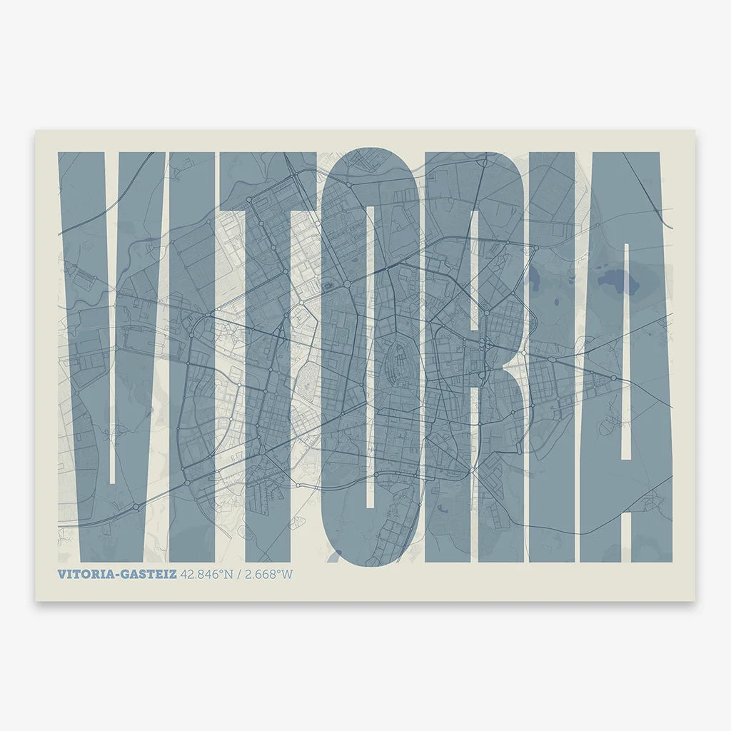 Decorative map of Vitoria-Gasteiz and letters of its name in a giclée print designed in bluish gray and an off-white background