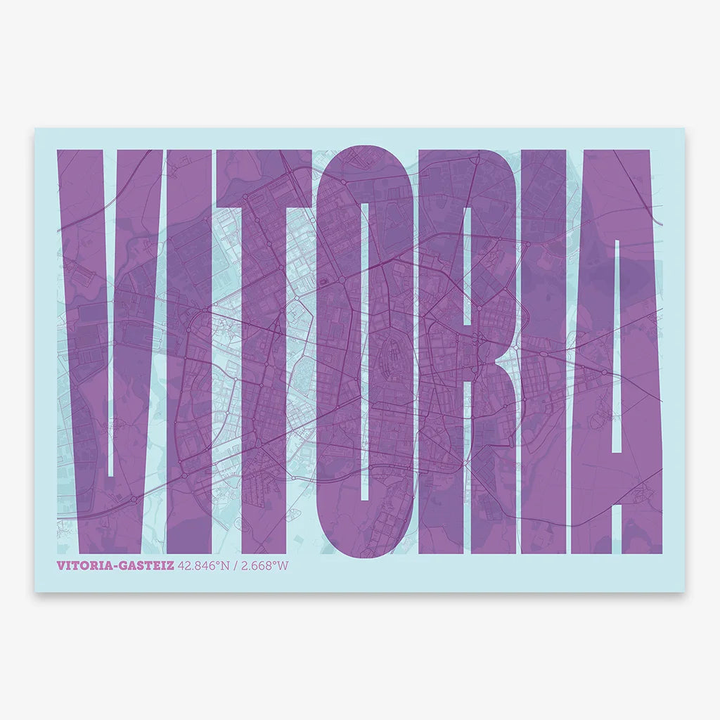 Decorative map of Vitoria-Gasteiz and letters of its name in a giclée print designed in purple and light blue