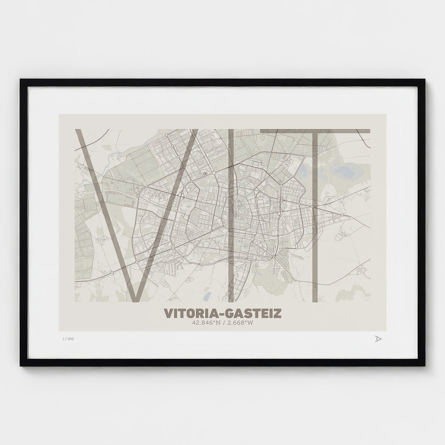Lámina tipográfica de Vitoria-Gasteiz – diseño Ultrafina, marco negro