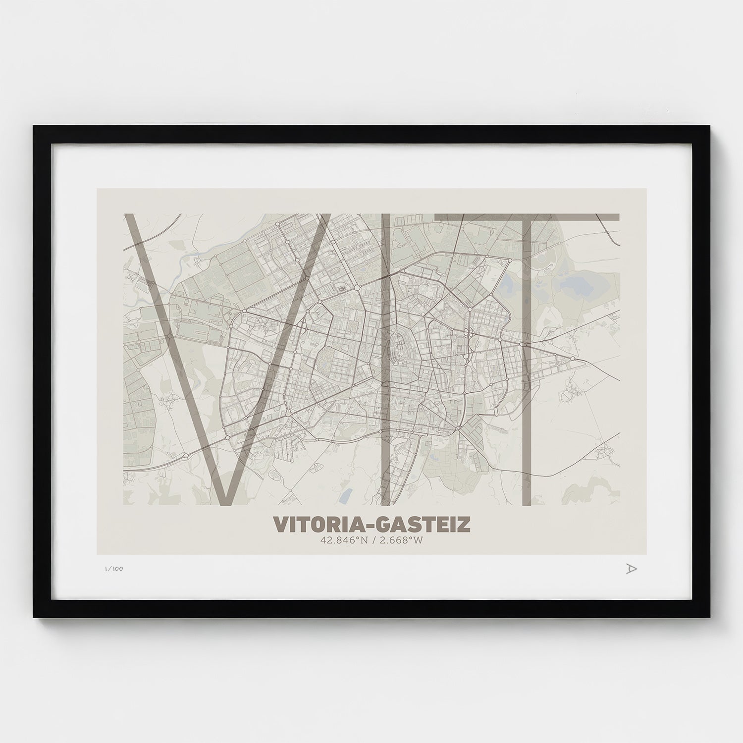 Lámina tipográfica de Vitoria-Gasteiz – diseño Ultrafina, marco negro