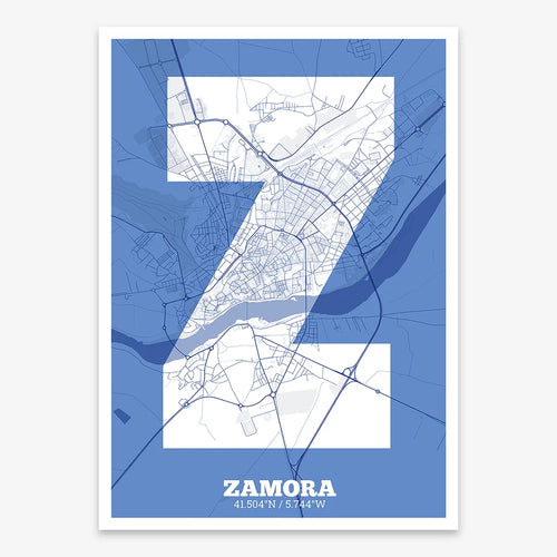 Mapa de Zamora en mi diseño la Súper Bold, un póster tipográfico donde el mapa de la ciudad se fusiona con una tipografía extra gruesa para un impacto visual moderno diseñado en azul marino y blanco